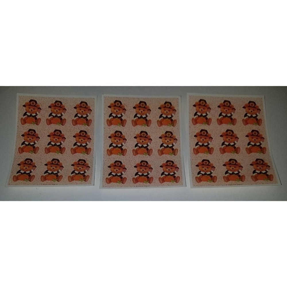 VTG Hallmark Teddy Bear Pilgrim Pumpkin Thanksgiving Stickers ~ Lot of 3 Sheets
